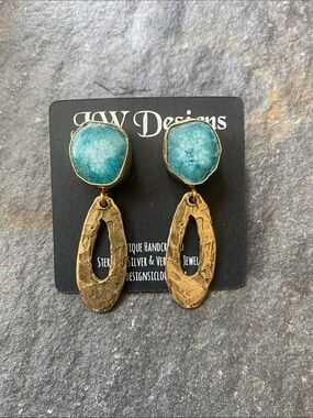 JW Designs Turquoise-Blue Stone with Textured Gold Drop Earrings
